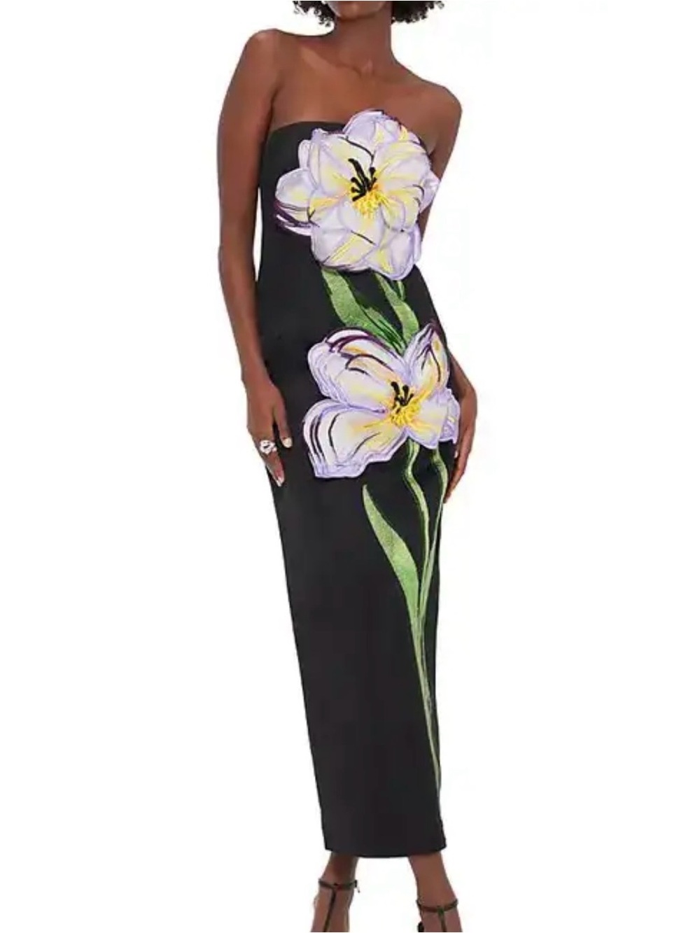 Black Strapless Column Dress with Lilac & Yellow Floral Motif